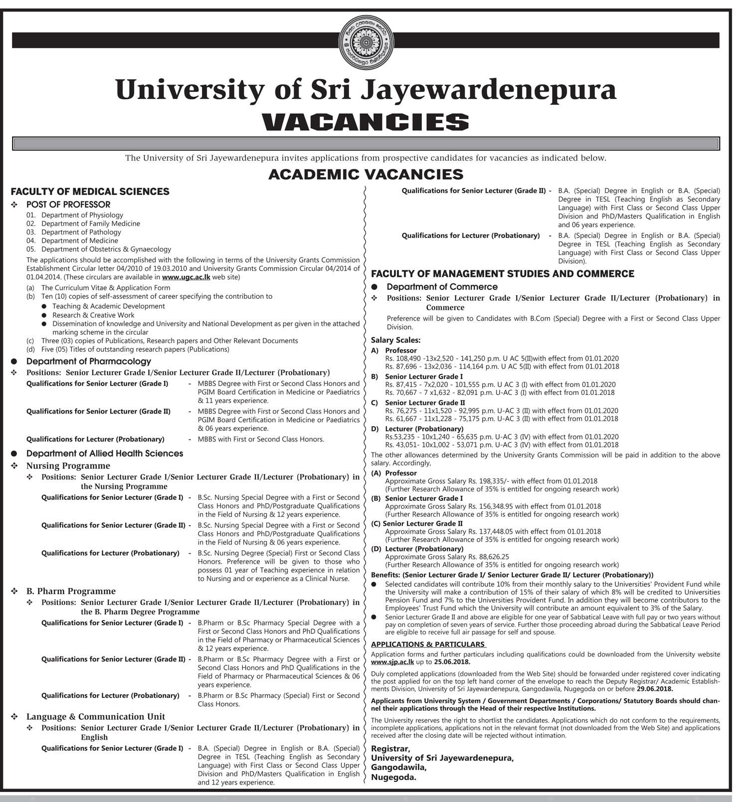 Professor, Senior Lecturer, Lecturer (Probationary) - University of Sri Jayewardenepura